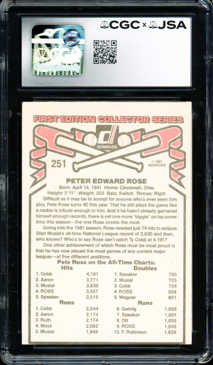 Pete Rose Signed 1981 Donruss Card 251 Phillies Auto GM 10 CGC x JSA