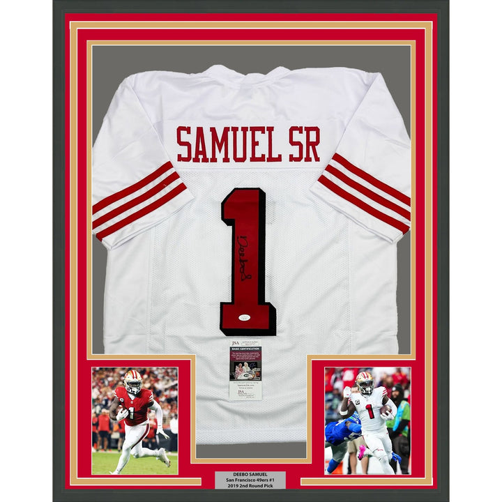 Framed Signed Deebo Samuel Sr. 35x39 White Alternate Jersey JSA COA