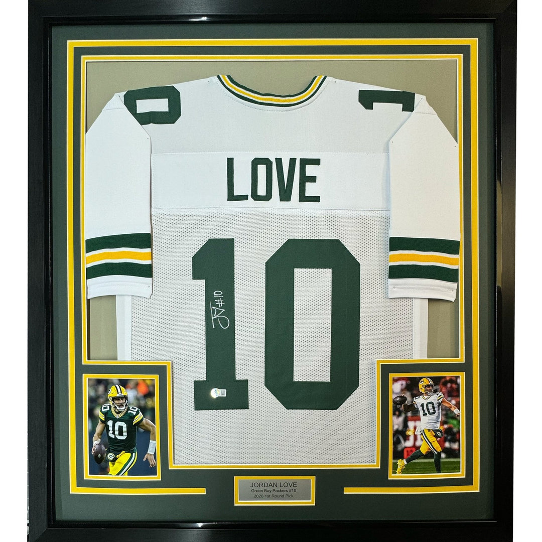Framed Autographed/Signed Jordan Love 35x39 Green Bay White Jersey BAS COA