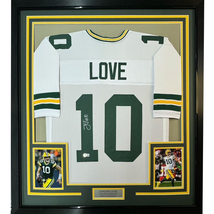 Framed Autographed/Signed Jordan Love 35x39 Green Bay White Jersey BAS COA