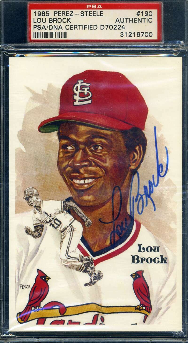 Lou Brock PSA DNA Coa Signed Perez Steele Postcard Set Break Autograph