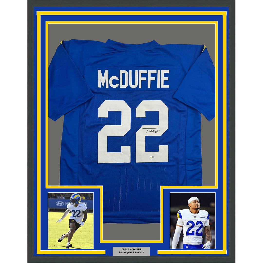 Framed Autographed/Signed Trent McDuffie 35x39 LA Blue Jersey Beckett COA