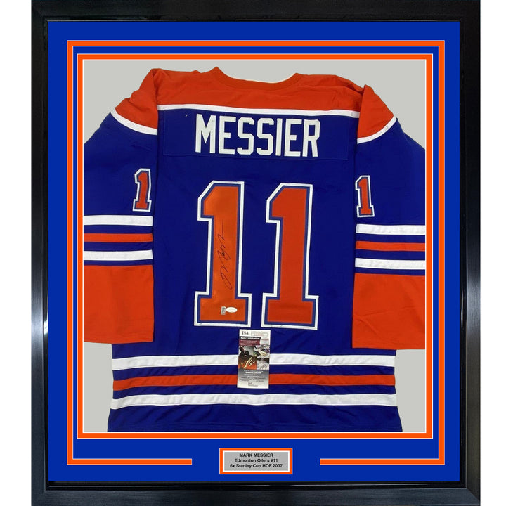 FRAMED Autographed/Signed MARK MESSIER 33x42 Edmonton Blue Hockey Jersey JSA COA