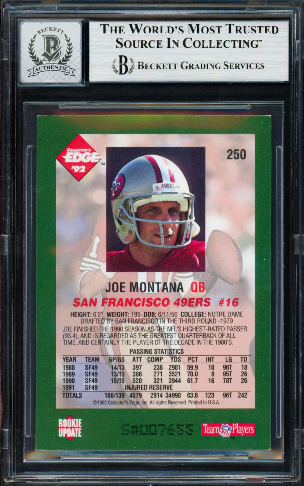 Joe Montana Signed 1992 Collectors Edge Card 250 49ers Auto GM 10 Beckett
