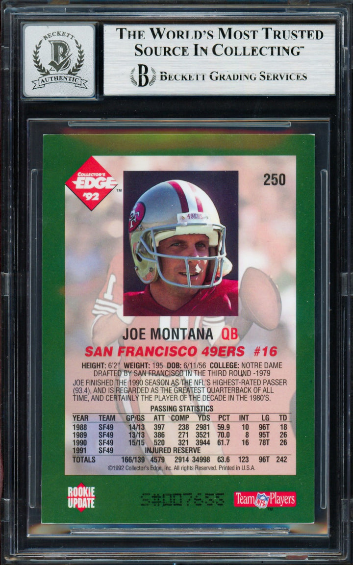 Joe Montana Signed 1992 Collectors Edge Card 250 49ers Auto GM 10 Beckett