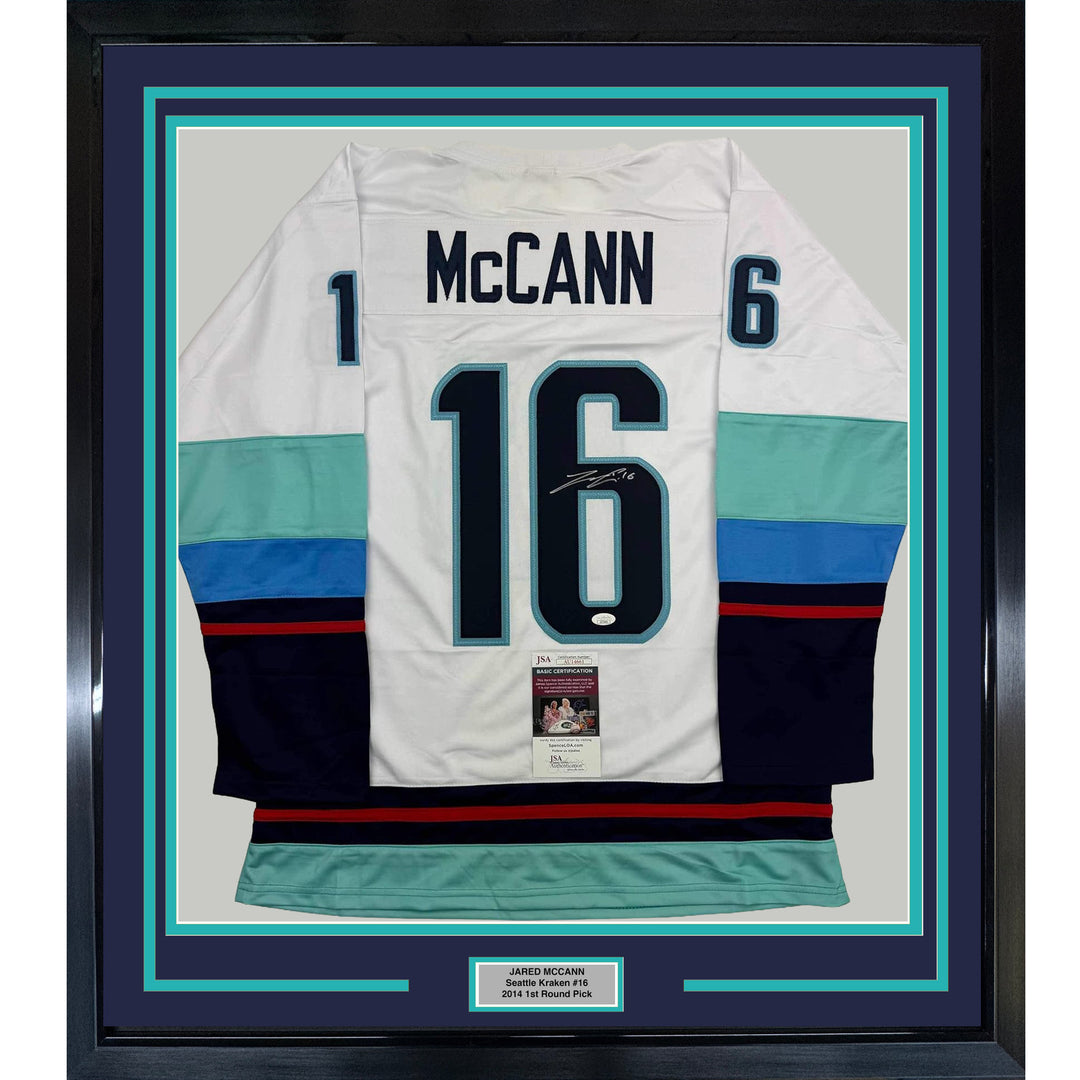 Framed Autographed/Signed Jared McCann 35x39 Seattle White Hockey Jersey JSA COA