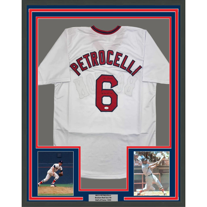 Framed Signed Rico Petrocelli 35x39 HOF Boston White Jersey JSA COA