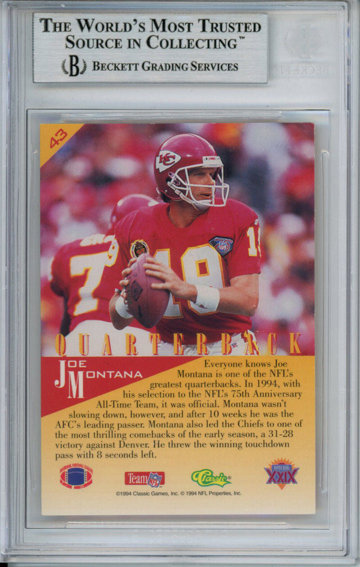 Joe Montana Autographed 1994 Classic #43 Trading Card Beckett Slab 37507