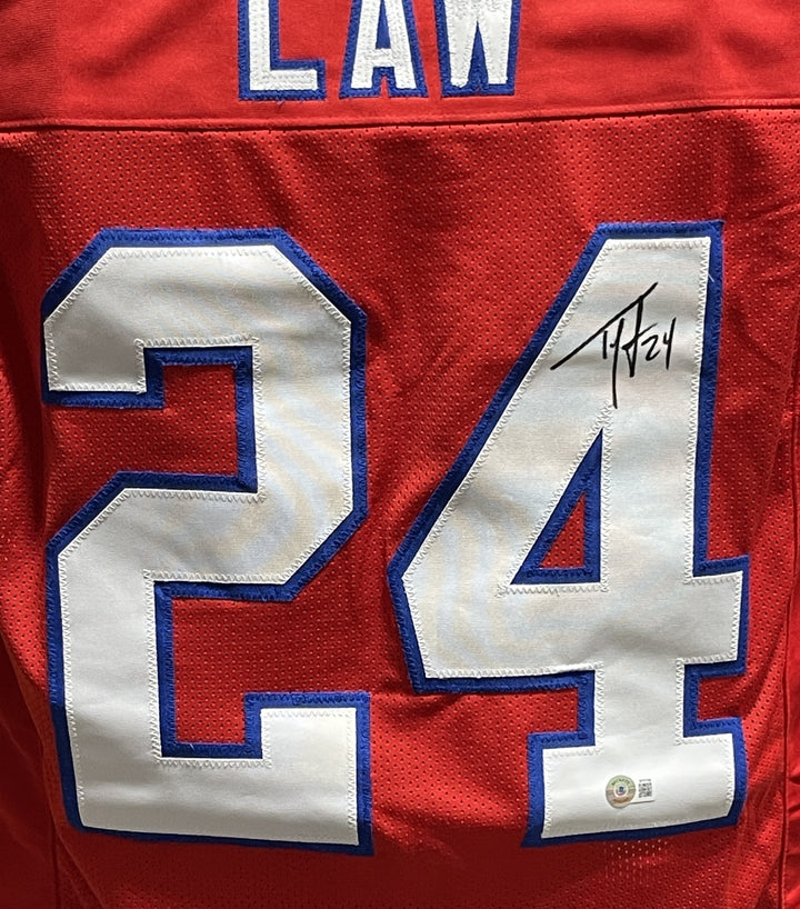 Ty Law Autographed/Signed Pro Style Jersey Red Beckett 40934