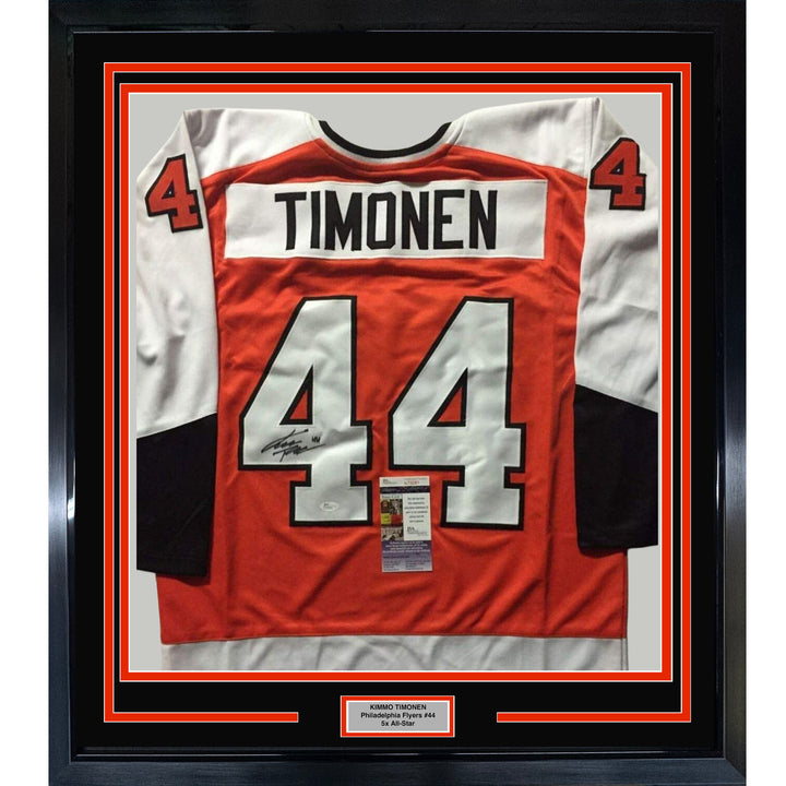 FRAMED Autographed/Signed KIMMO TIMONEN 33x42 Philly Orange Jersey JSA COA Auto