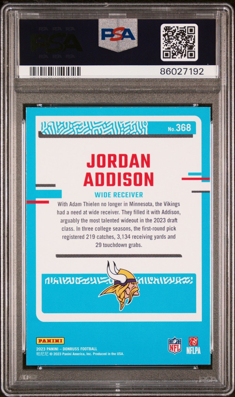 Graded 2023 Panini Donruss Jordan Addison #368 Rookie Card PSA 10 Gem