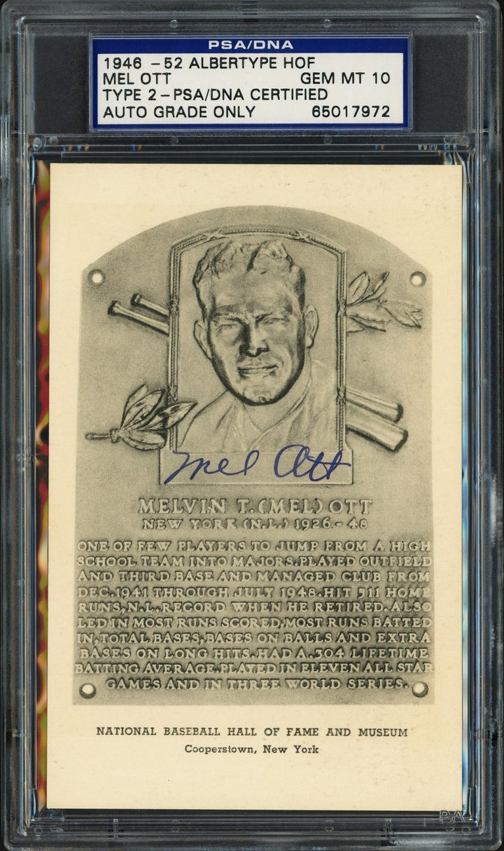 Mel Ott Signed 1946-52 Albertype HOF Plaque Postcard Auto GM 10 PSA/DNA 65017972