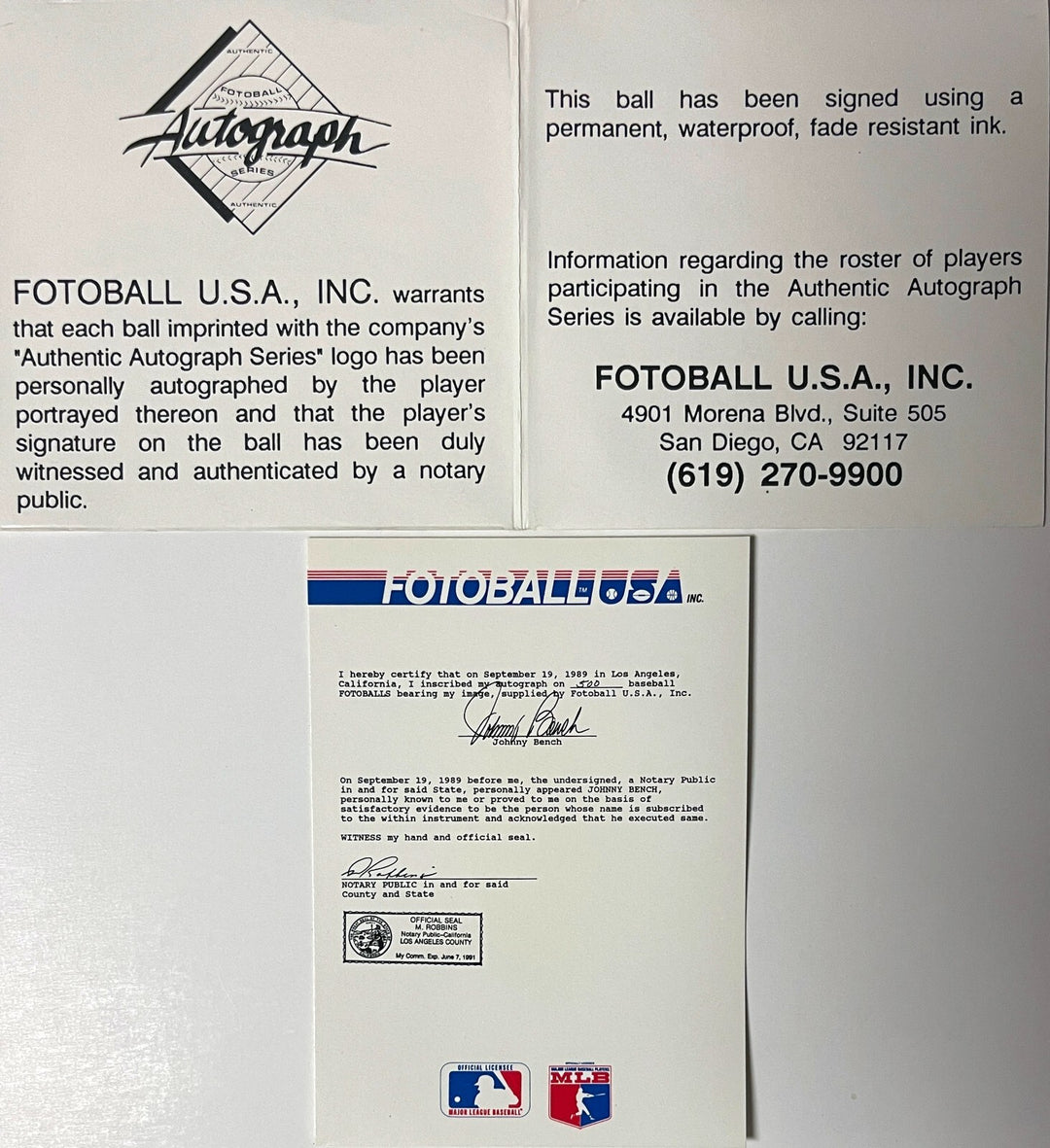 Johnny Bench signed Fotoball USA MLB Baseball- COA- Cincinnati Reds/HOF