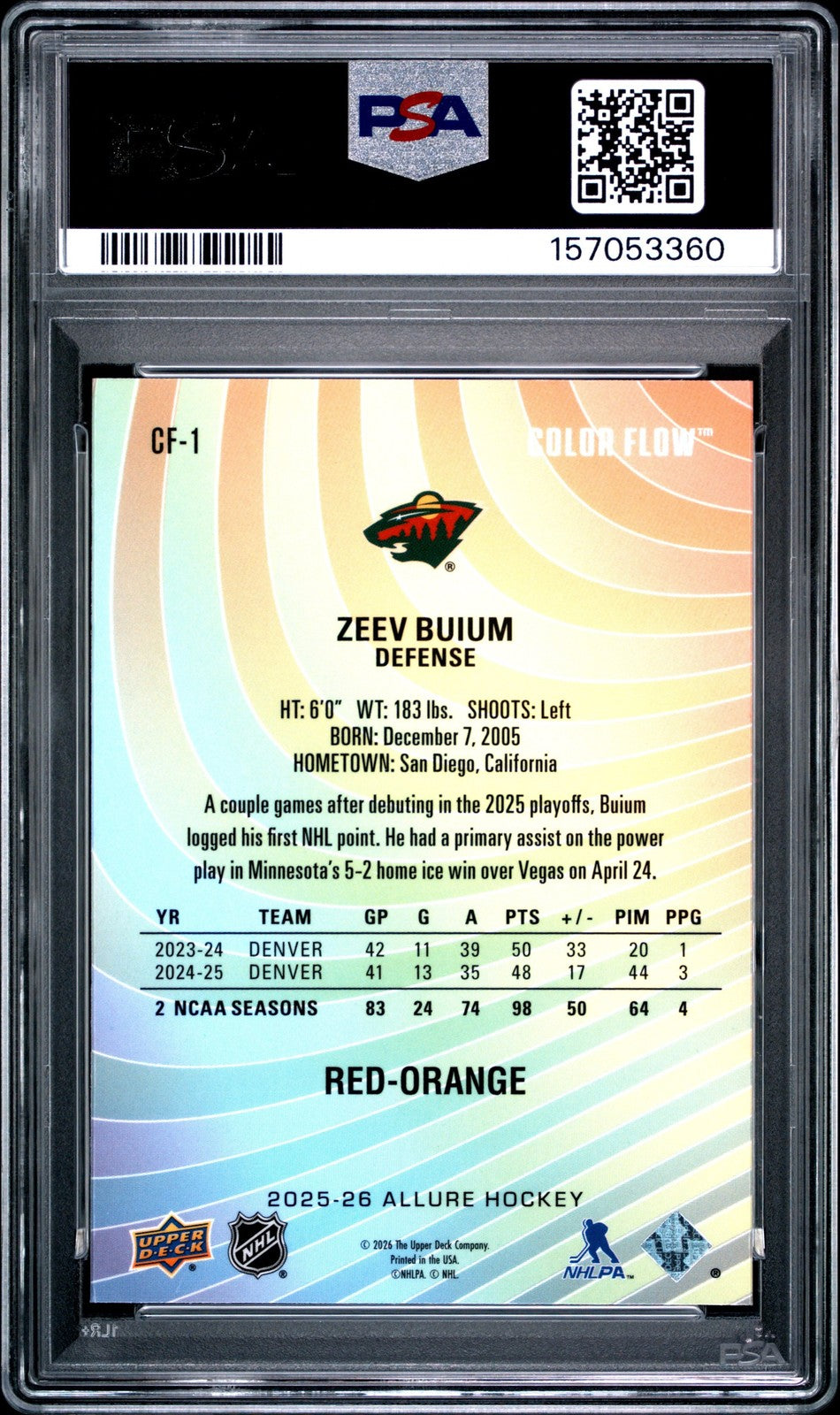 Graded 2025 UD Allure Zeev Buium #CF1 Red-Orange Rookie RC Card PSA 10