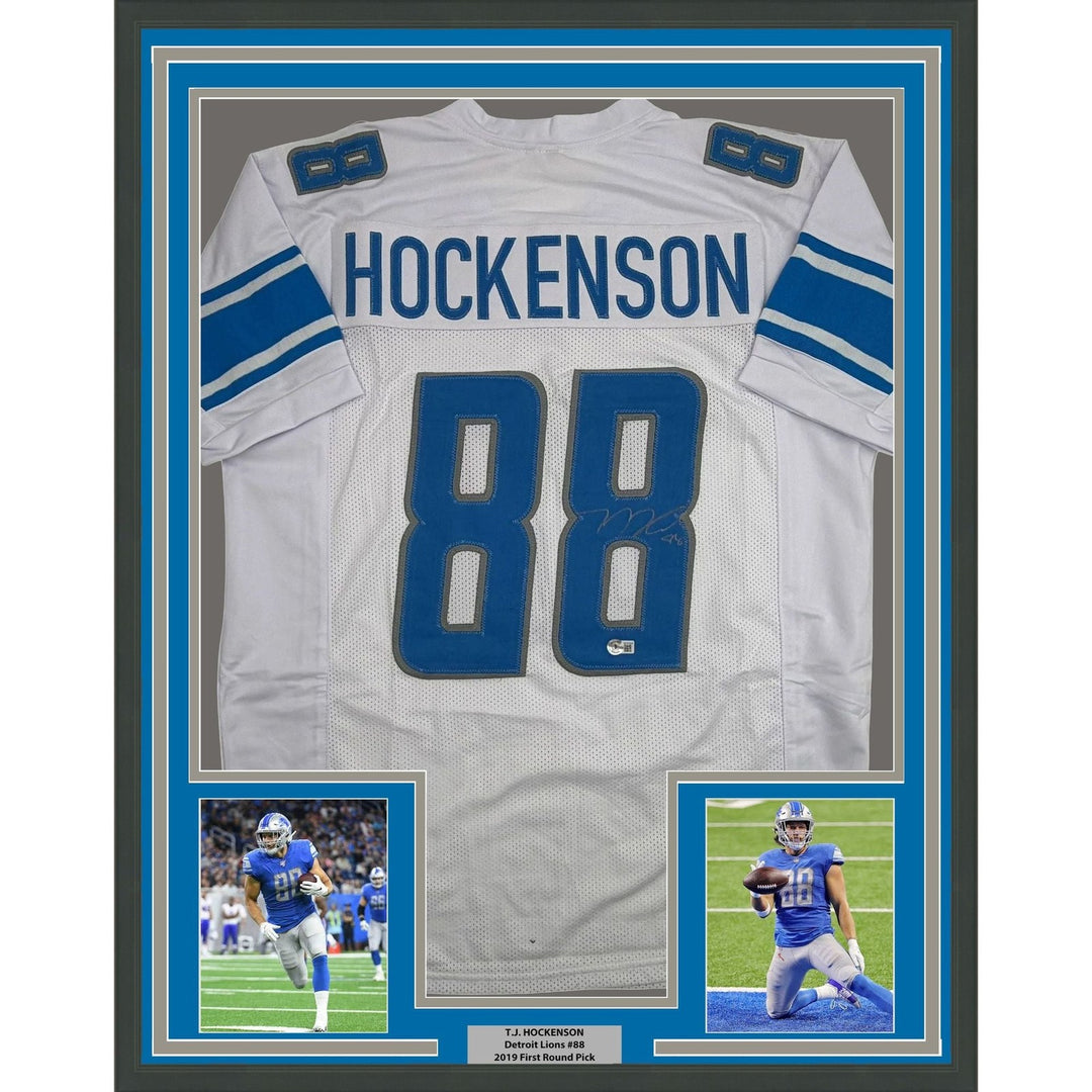 Framed Autographed/Signed TJ Hockenson 35x39 Detroit White Jersey BAS COA