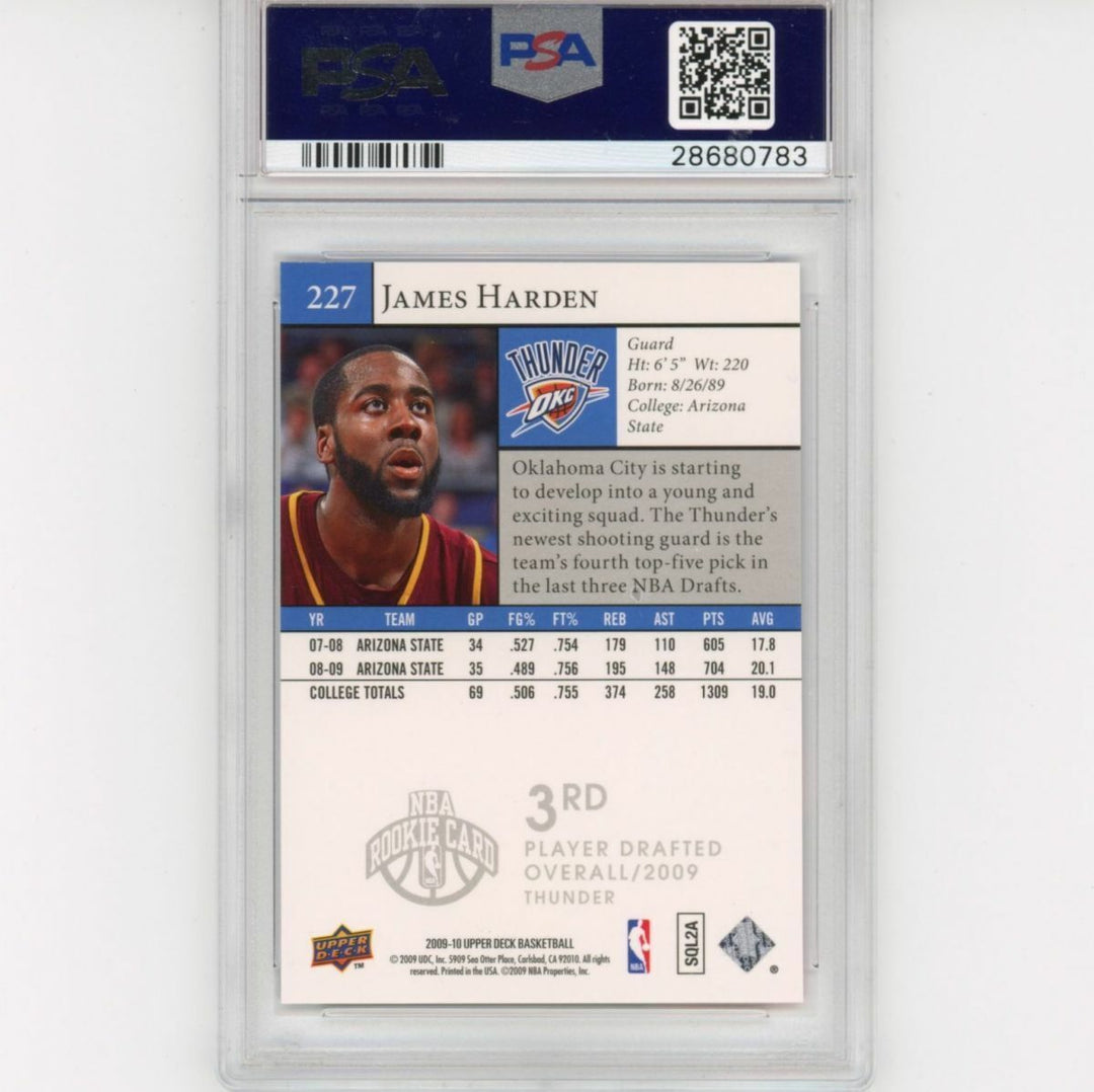 Graded 2009-10 Upper Deck UD JAMES HARDEN #227 Rookie RC Basketball Card PSA 10