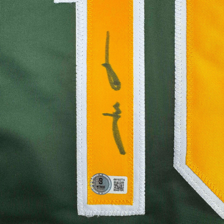 Autographed/Signed Jason Giambi Oakland Green Jersey Beckett BAS COA
