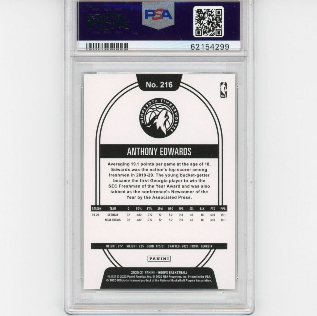 Graded 2020-21 Panini Hoops ANTHONY EDWARDS #216 Rookie RC Card PSA 10 Gem Mint