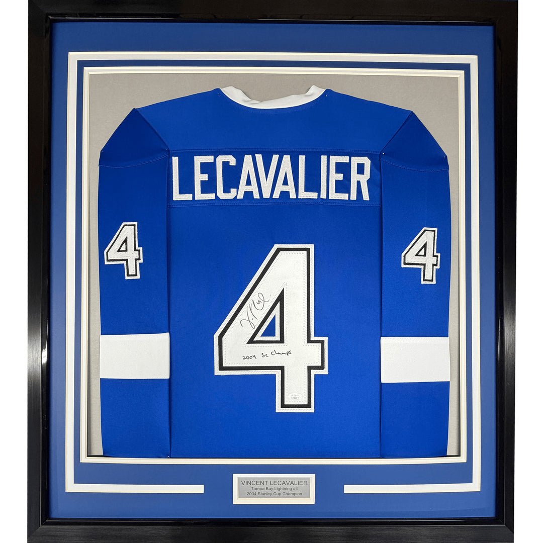 Framed Signed Vincent Lecavalier Insc 35x39 TB Blue Jersey JSA COA