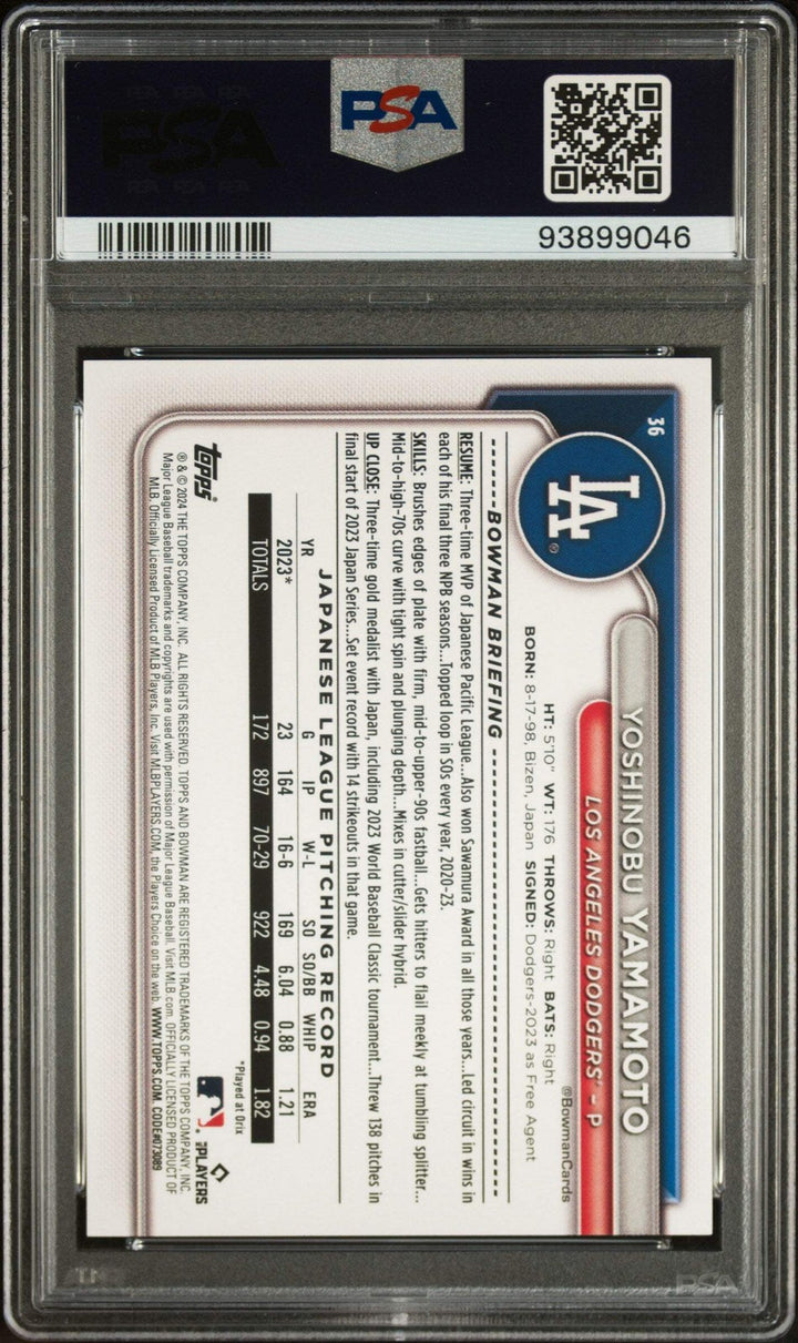 Graded 2024 Topps Bowman Yoshinobu Yamamoto #36 Rookie RC Baseball Card PSA 10