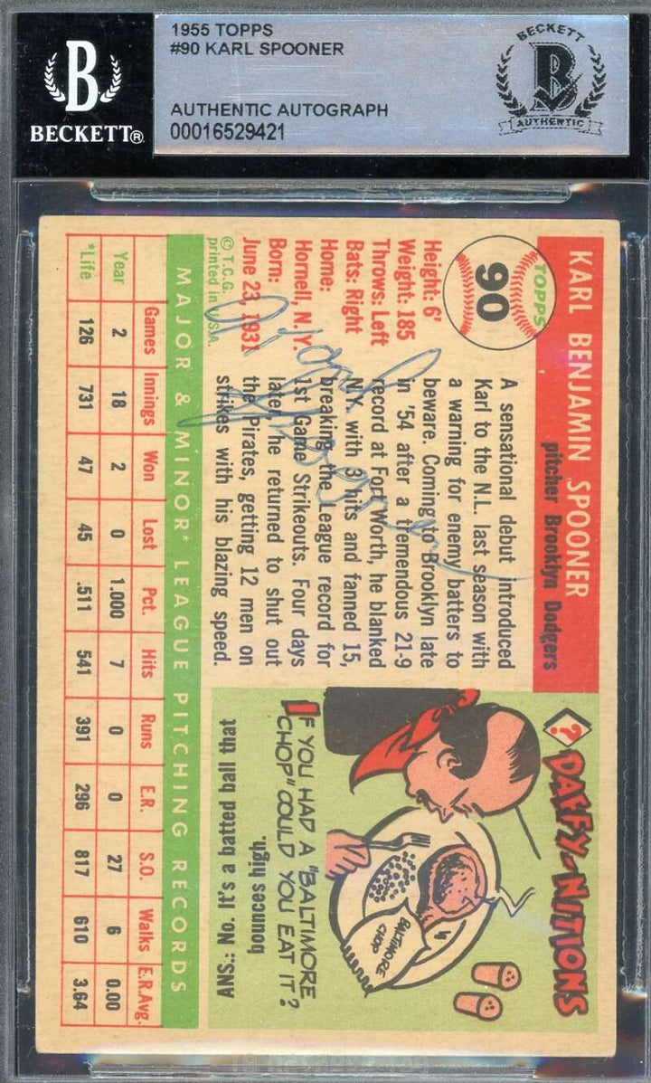Karl Spooner Beckett BAS Signed 1955 Topps Autograph