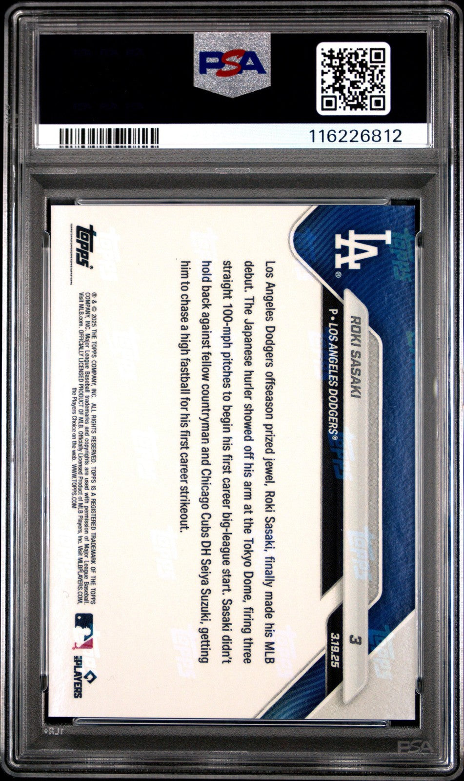 Graded 2025 Topps Now Roki Sasaki #3 Rookie RC Card PSA 10 Gem Mint