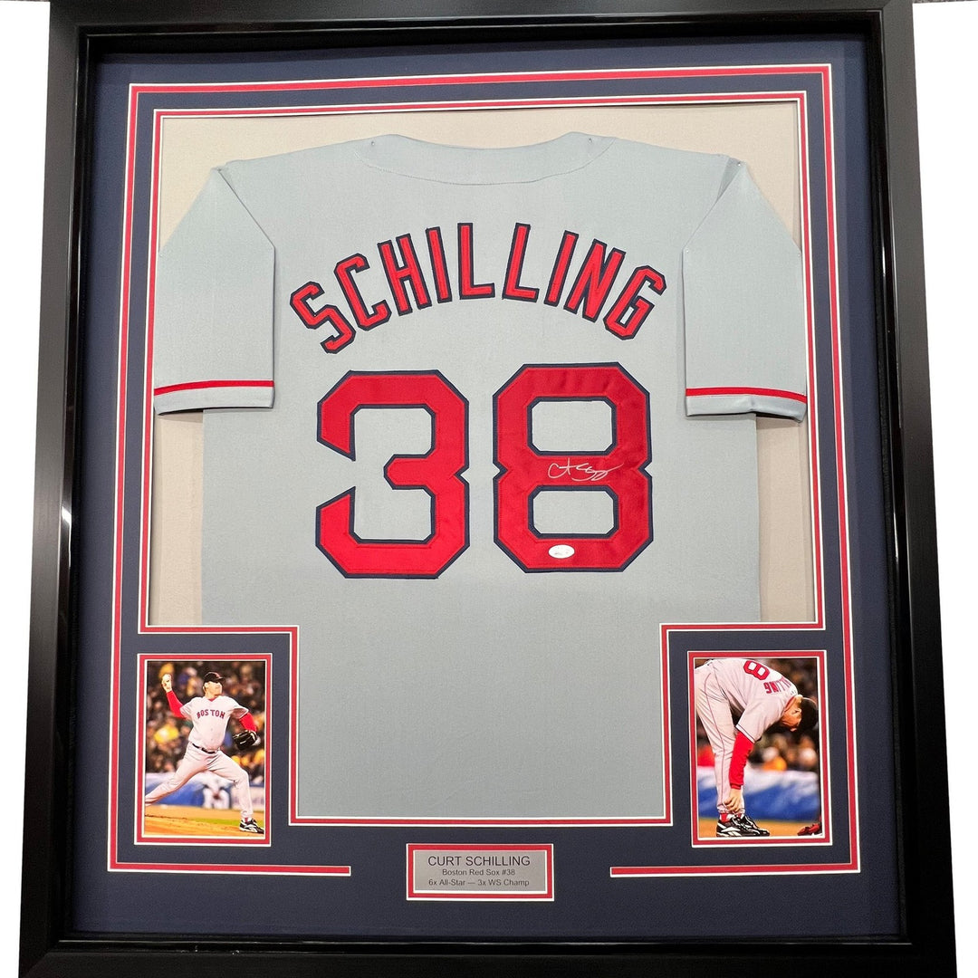 FRAMED Signed CURT SCHILLING 35x39 Boston Grey Jersey JSA COA Auto