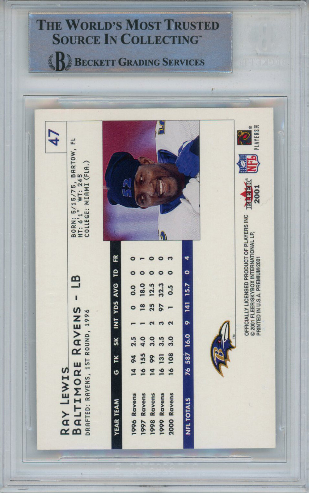 Ray Lewis Autographed 2001 Fleer Premium #47 Trading Card Beckett Slab 43368