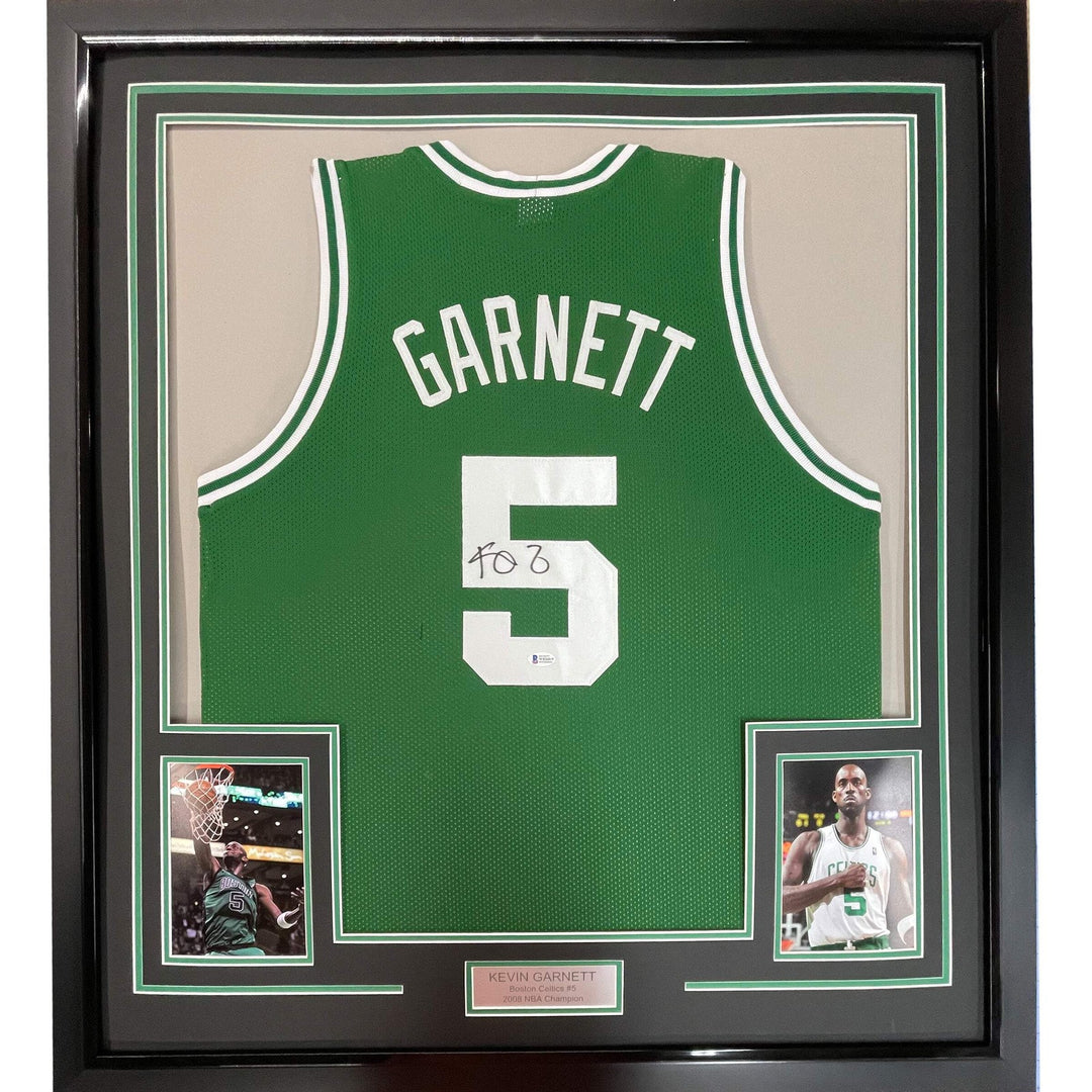 Framed Autographed/Signed Kevin Garnett 33x42 Boston Green Jersey Beckett COA