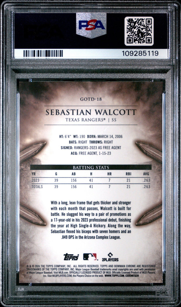 Graded 2024 Bowman Sebastian Walcott #GOTD18 Gladiators RC Card PSA 10