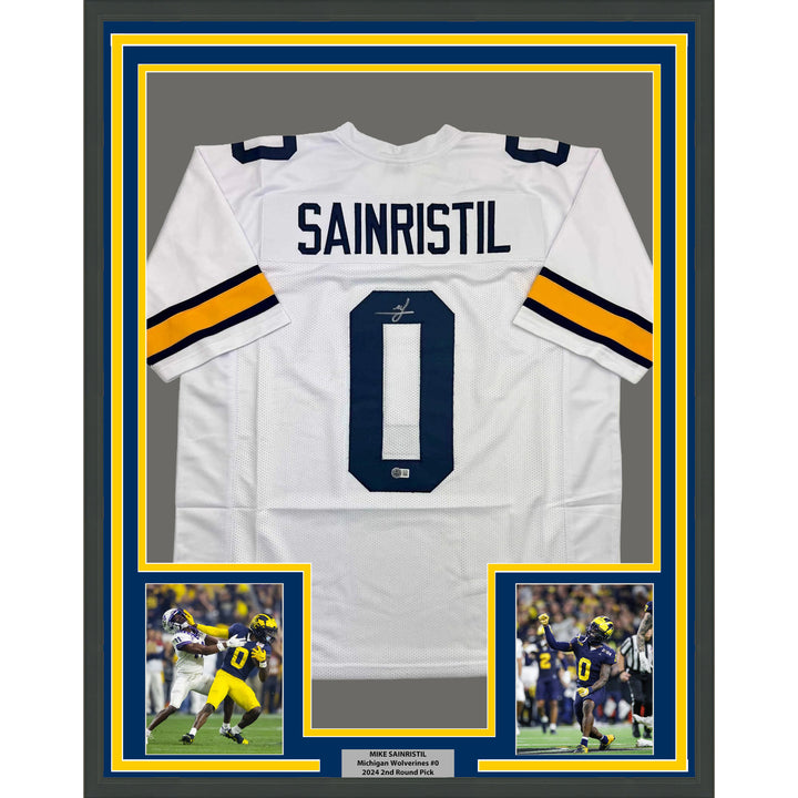 Framed Autographed/Signed Mike Sainristil 35x39 Michigan White Jersey BAS COA