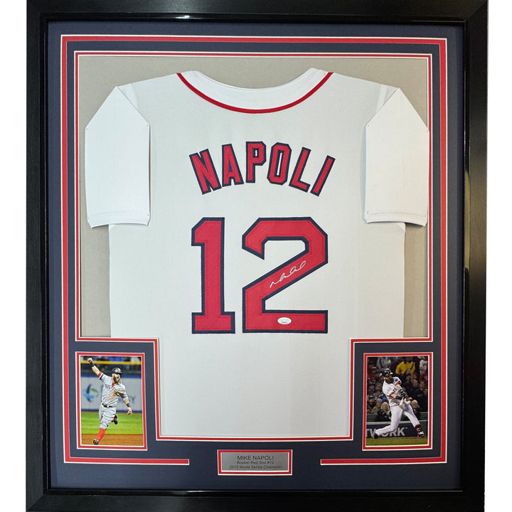 Framed Autographed/Signed Mike Napoli 35x39 Boston Red Sox White Jersey JSA COA