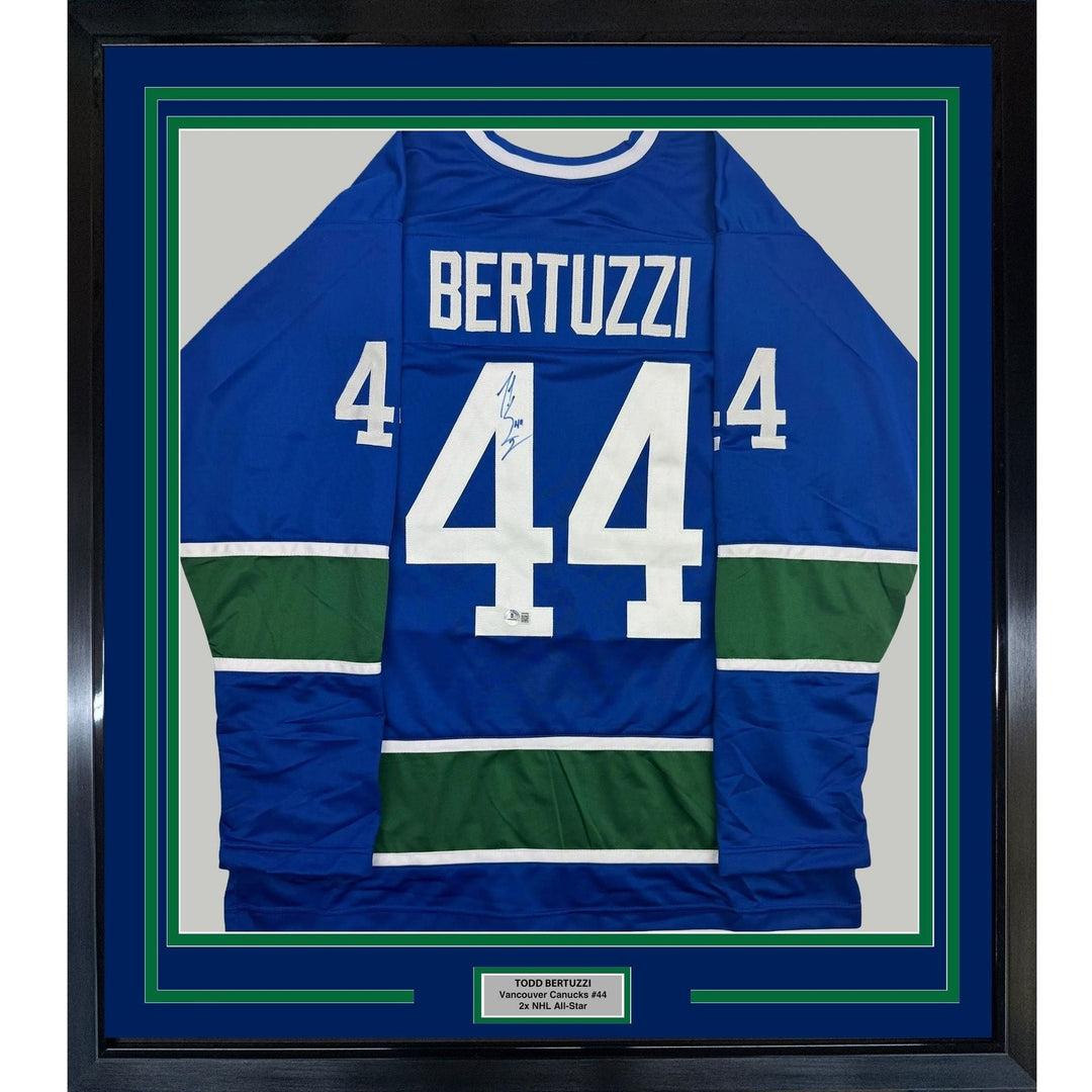 Framed Autographed/Signed Todd Bertuzzi 35x39 Vancouver Blue Jersey BAS COA