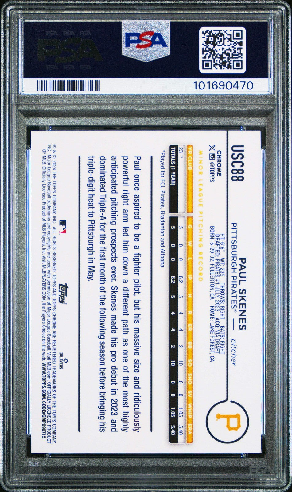 Graded 2024 Topps Chrome Update Paul Skenes #USC88 Rookie RC Card PSA 10 Mint