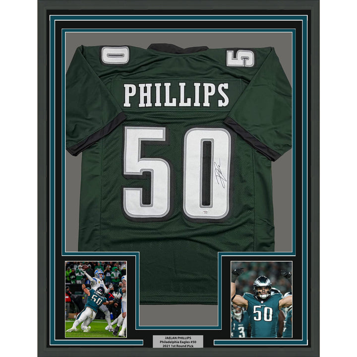 Framed Autographed/Signed Jaelan Phillips 35x39 Midnight Green Jersey PSA COA