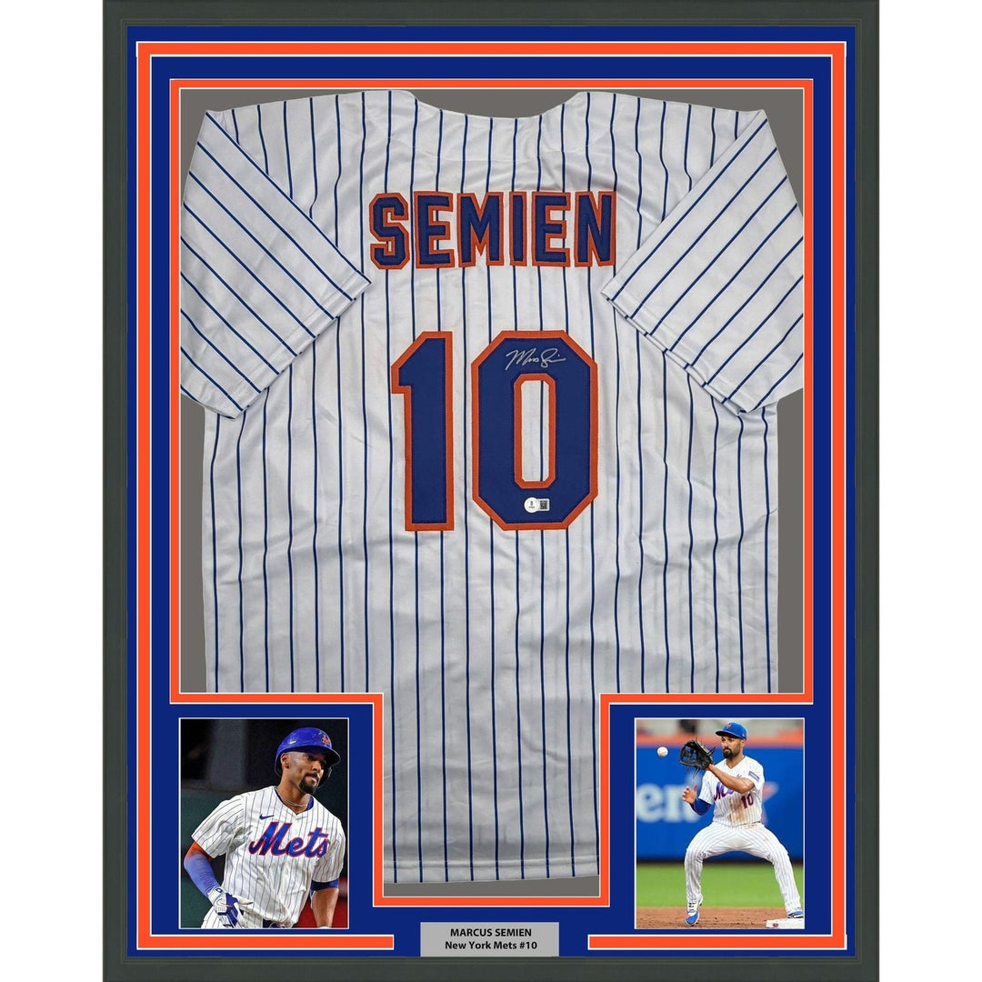 Framed Autographed/Signed Marcus Semien 35x39 NY Pinstripe Jersey BAS COA