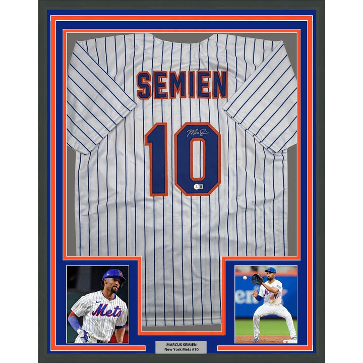 Framed Autographed/Signed Marcus Semien 35x39 NY Pinstripe Jersey BAS COA