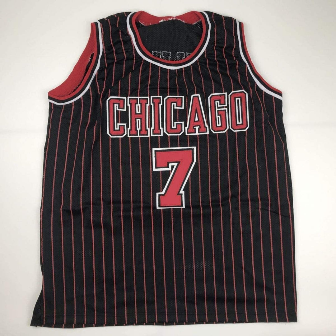 Autographed/Signed Toni Kukoc Chicago Black Pinstripe Jersey BAS COA