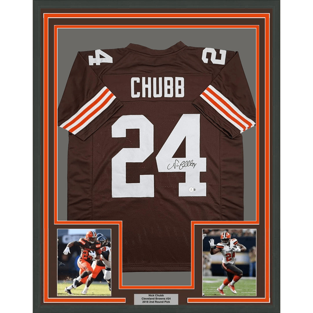 Framed Autographed Nick Chubb 35x39 Cleveland Brown Football Jersey BAS COA