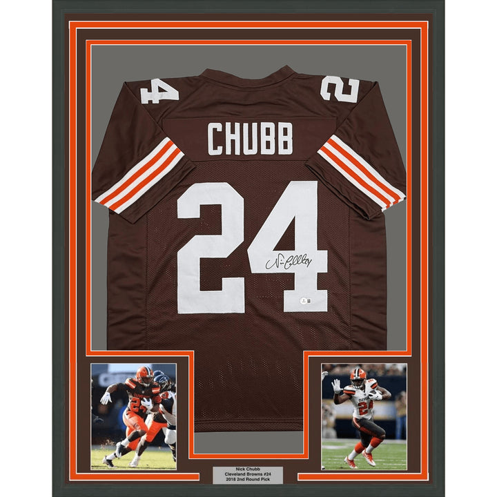 Framed Autographed Nick Chubb 35x39 Cleveland Brown Football Jersey BAS COA