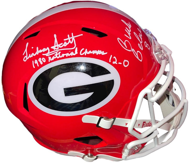 Buck Belue & Lindsay Scott dual signed Georgia Bulldogs Speed FS Rep Helmet- BAS