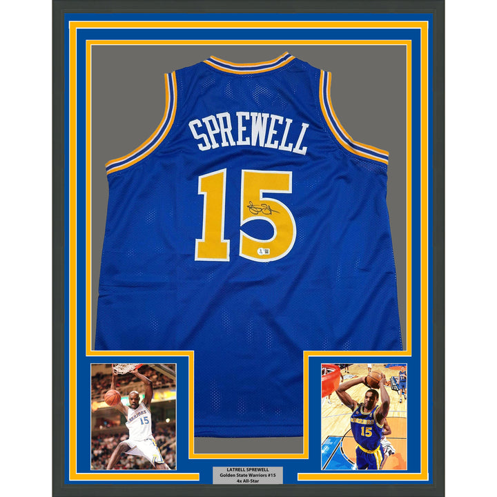 Framed Autographed/Signed Latrell Sprewell 35x39 Golden State Jersey BAS COA