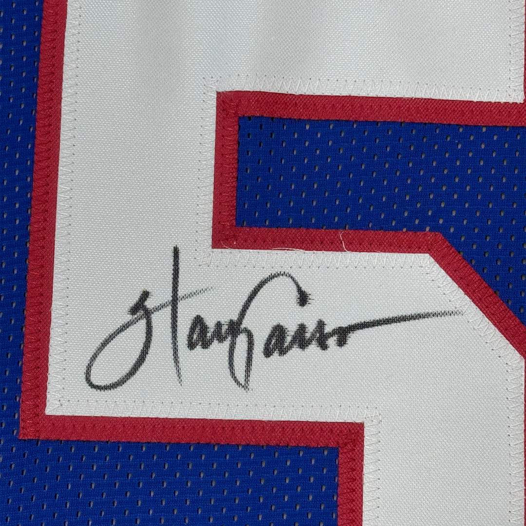 Framed Autographed/Signed Harry Carson 33x42 New York Blue Jersey BAS COA