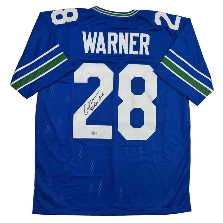 Autographed/Signed Curt Warner 3x Pro Bowl Seattle Blue Jersey Beckett BAS COA