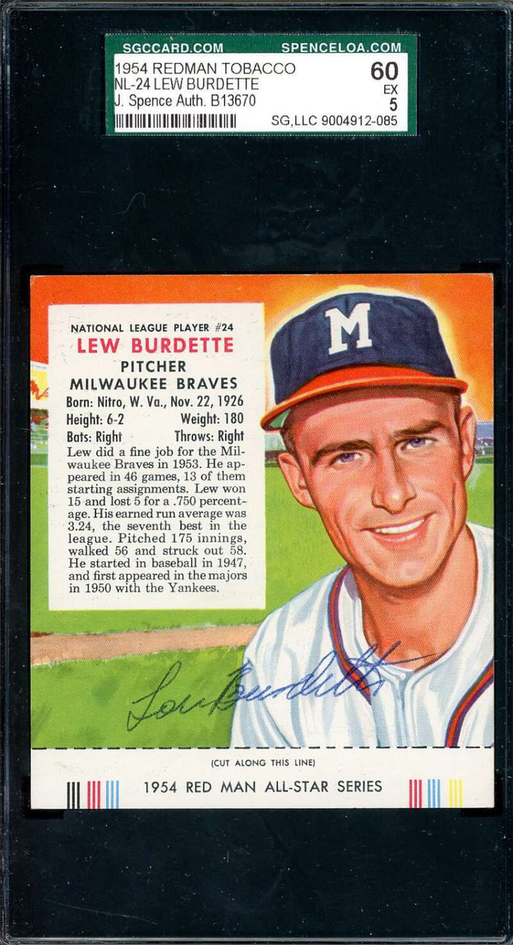 Lew Burdette JSA SGC Coa Signed 1954 Red Man Tobacco With Tab Autograph
