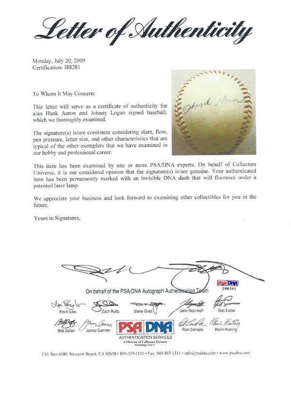 Hank Aaron & Johnny Logan Signed Baseball 1950's Vintage Sig PSA/DNA