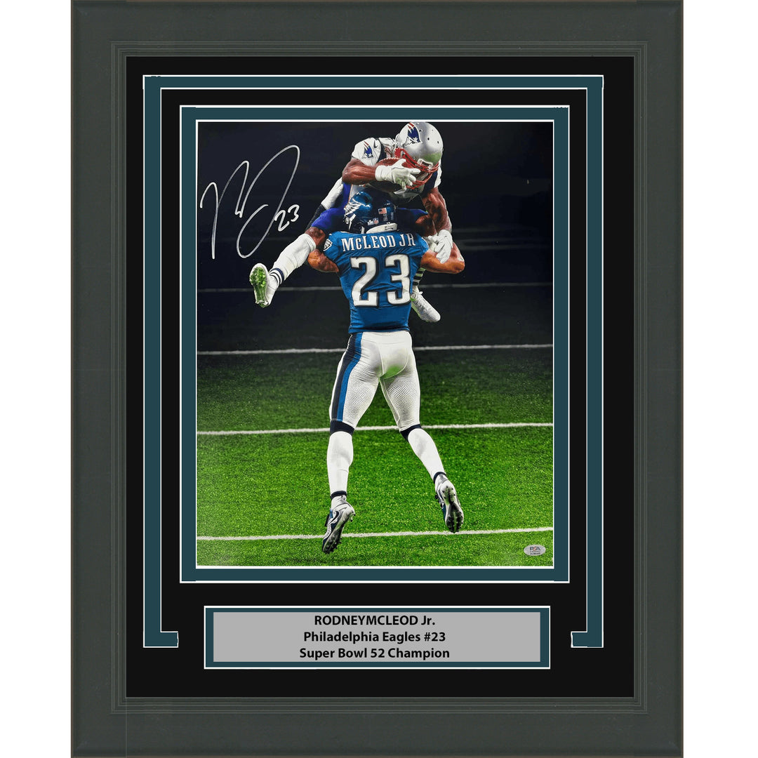 Framed Autographed Rodney McLeod Jr. SB LII 52 Hit 16x20 Photo PSA COA