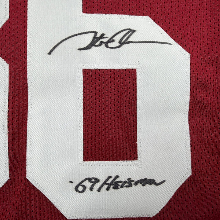 Autographed/Signed Steve Owens 69 Heisman Oklahoma Maroon Jersey Beckett BAS COA