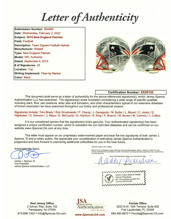 2015-16 New England Patriots Team Signed Helmet JSA COA Tom Brady Gronkowski +33