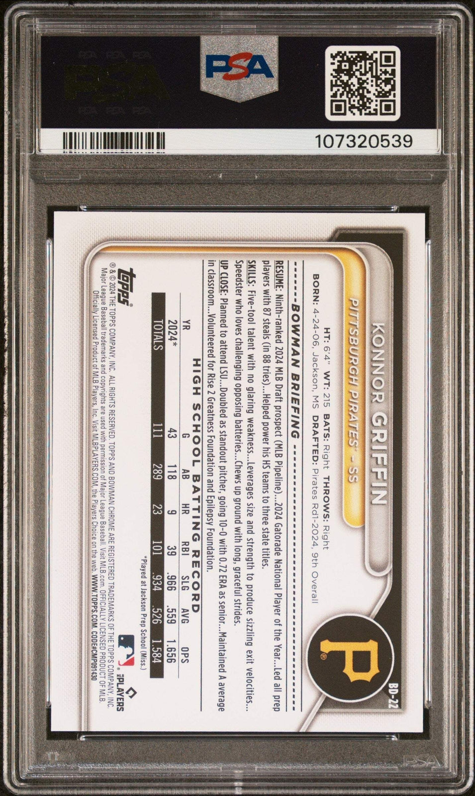 Graded 2024 Topps Bowman Draft Konnor Griffin #BD22 Rookie Baseball Card PSA 10